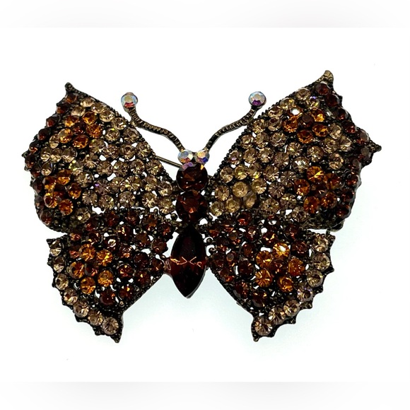 3 for $30 Vintage Antiqued Gold Tone Butterfly Brooch Pin Sparking Crystals - Picture 3 of 7
